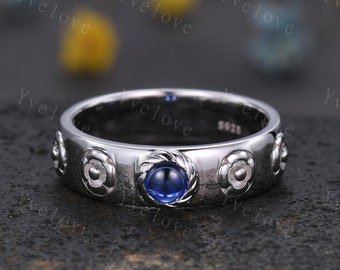 Anello del castello errante di Howls Fede nuziale rotonda con zaffiro blu naturale da 4 mm Anello in argento S925 Anello di Howl Anello di Sophie Impilabile fascia abbinata regalo