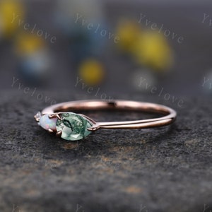 Unique Moss Agate Opal Engagement Ring,Pear Cut Gems,Art Deco Moissanite Wedding Band,3 Stone Unique Women Bridal Promise Ring,Customized image 3