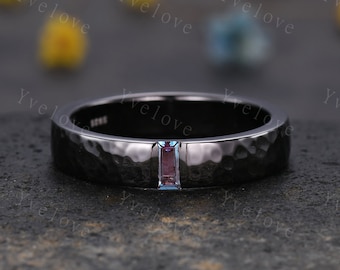 Mens Alexandrite Wedding Band Baguette Cut Alexandrite Band 5mm Black Gold Ring Mens Hammered Stacking Matching Band Retro Vintage Ring Gift