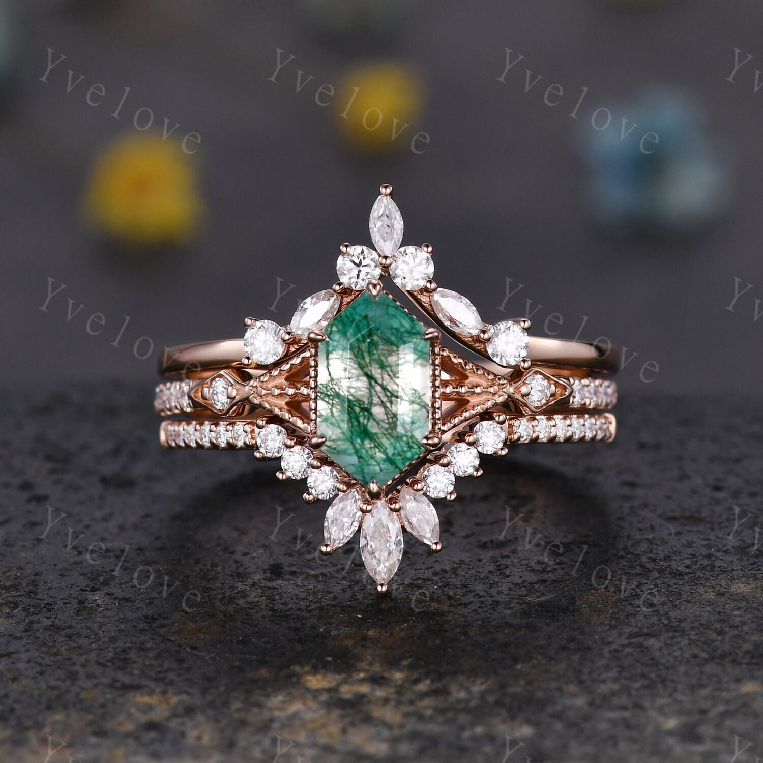 Vintage Moss agate engagement ring,hexagon moss agate ring set,Moissanite gold band,Moss agate fine jewelry,Promise ring set,14k rose gold