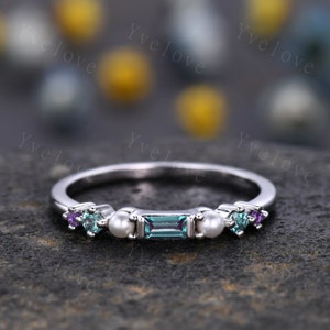 Minimalist Baguette cut alexandrite band danity pearl amethyst wedding band women stackable matching band white gold personalized ring gift