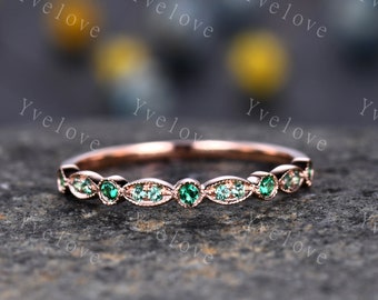 Emerald wedding band 14k rose gold art deco half eternity ring Emerald matching band simple ring anniversary ring May Birthstone customized