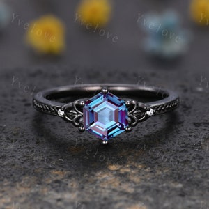 Hexagon Cut Alexandrite Engagement Ring Vintage Black Gold Ring Unique black wedding band,Diamond Ring Anniversary Gift,Celtic Gothic Ring