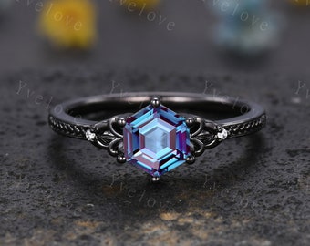 Hexagon Cut Alexandrite Engagement Ring Vintage Black Gold Ring Unique black wedding band,Diamond Ring Anniversary Gift,Celtic Gothic Ring