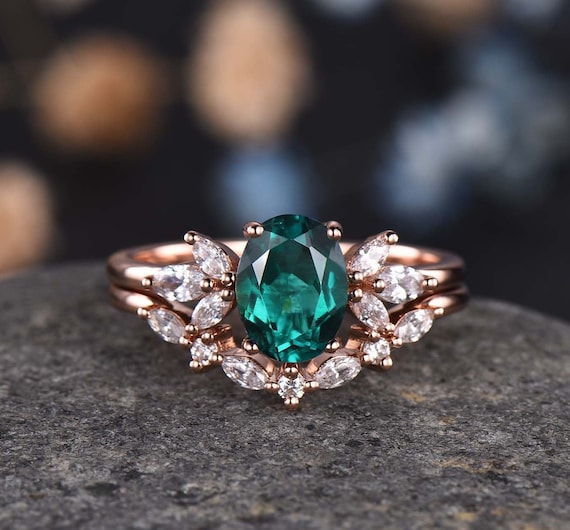 Emerald Ring Set Oval Emerald Engagement Ring Rose Gold Women - Etsy