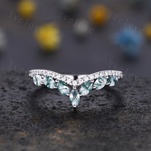 Unique Moss Agate shops Rings for Women,Marquise moss agate Ring,White Gold Green Gems Engagement Ring,Diamond Stacking Wedding Band,Promise Gift