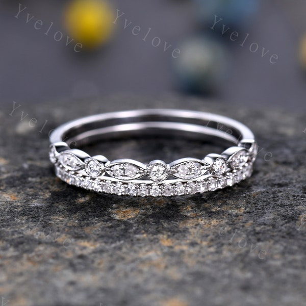 Diamond wedding ring set diamond wedding band solid 14k white gold half eternity ring milgrain wedding band stacking matching band