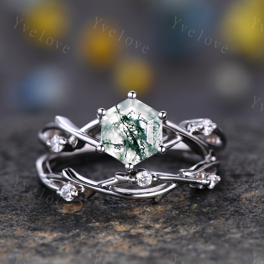 『グリーンかつお』　6点おまとめ 1ct Hexagon cut green moss agate ring solid 14k white gold