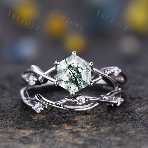 Unique Hexagon cut Moss Agate Engagement Ring Set,Vintage Branch Twig Diamond Ring,White Gold,Vine Ring Promise Bridal Set,Green Agate Ring