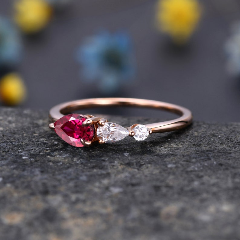 Vintage Red Ruby Ring Engagement Ring,Pear Cut Gems,Art Deco Moissanite Wedding Band,3 Stone Unique Women Bridal Promise Ring,Rose gold image 3