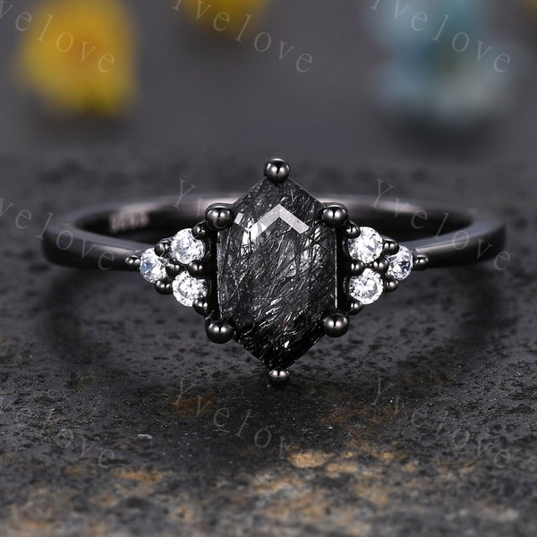 Retro hexagon Black Rutilate Quartz Ring,Vintage Black Silver Ring,Unique Black Quartz Engagement Ring,Promise Bridal Ring Gift For Her