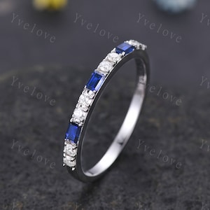 Baguette Cut Sapphire and Diamond Wedding Ring Half Eternity Band Stacking Matching Ring 14K White Gold Anniversary Gift For Her Customized