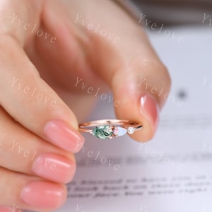 Unique Moss Agate Opal Engagement Ring,Pear Cut Gems,Art Deco Moissanite Wedding Band,3 Stone Unique Women Bridal Promise Ring,Customized image 2
