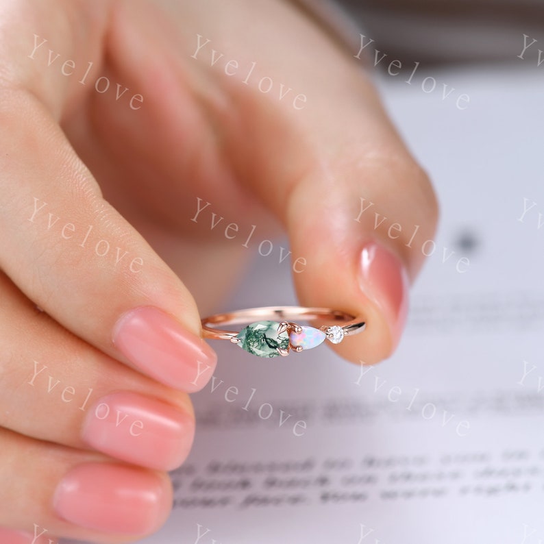 Unique Moss Agate Opal Engagement Ring,Pear Cut Gems,Art Deco Moissanite Wedding Band,3 Stone Unique Women Bridal Promise Ring,Customized image 2