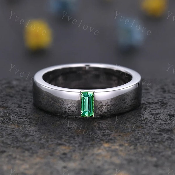 Mens Green Emerald Wedding Band Baguette Cut Band 5mm White Gold Ring Mens Solitaire Stacking Matching Band Retro Vintage Ring May Gift