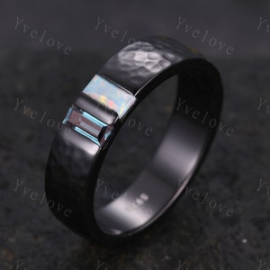 Mens Alexandrite Opal Wedding Band Baguette Cut Alexandrite Opal Ring Black Gold Ring Hammered Stacking Matching Band Retro Vintage Gift