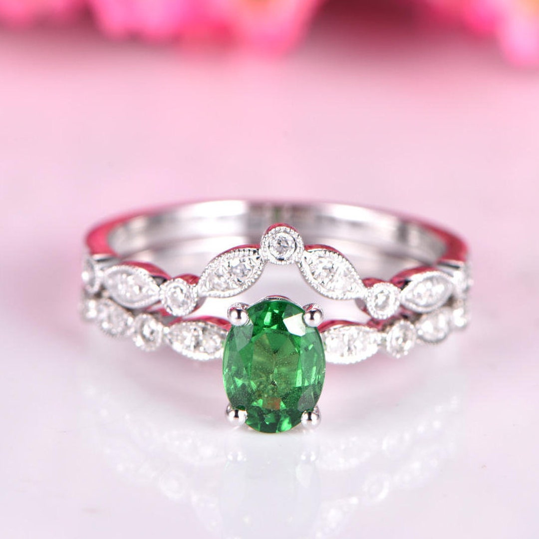 Tsavorite Ring Set Tsavorite Engagement Ring Half Eternity V - Etsy