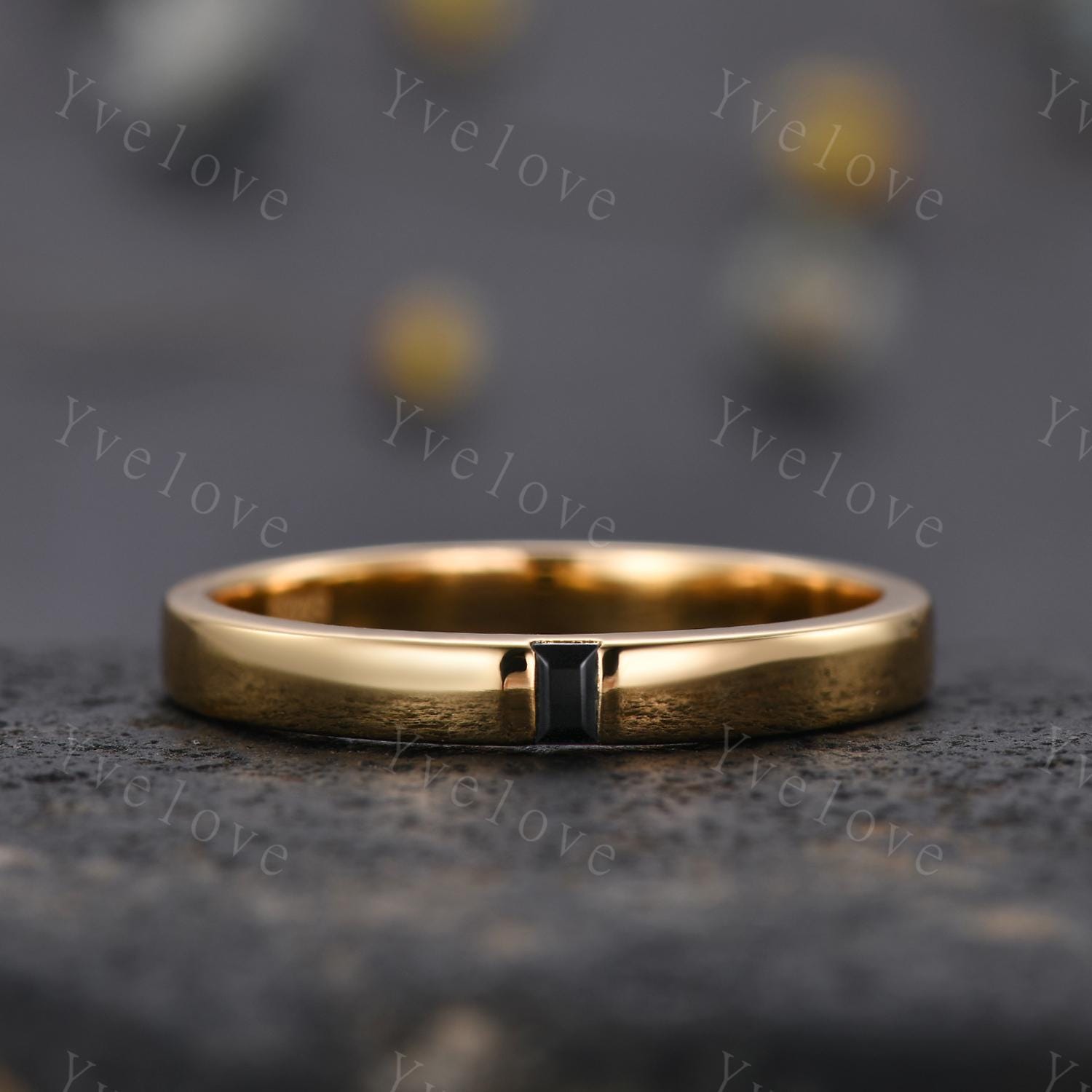 3mm Mens Baguette Black Onyx Wedding Band Natural Onyx Band Solid Gold Ring Mens Smooth Stacking Matching Band Vintage Ring Bridegroom Gift
