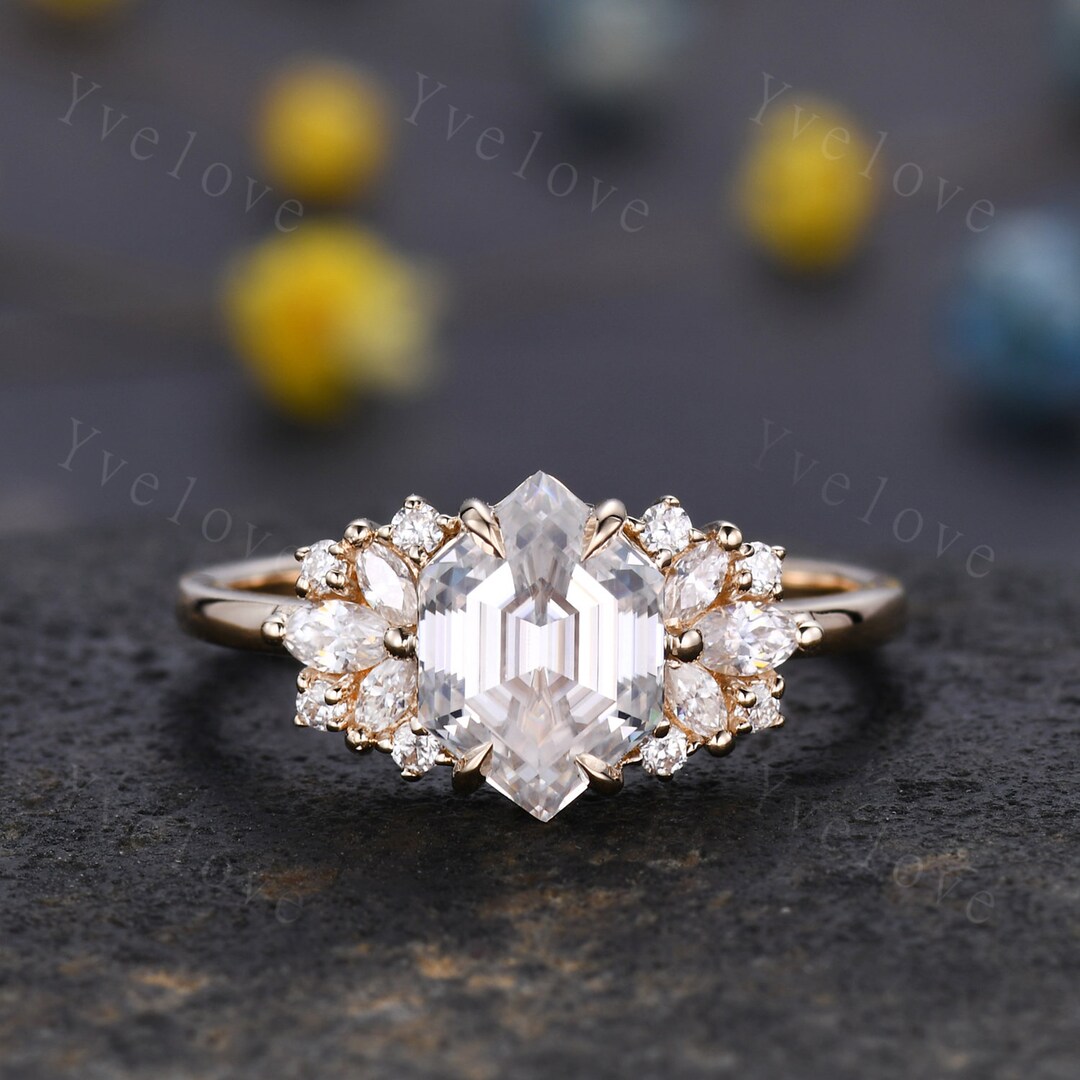Vintage Hexagon Moissanite Engagement Ring,unique Marquise Moissanite