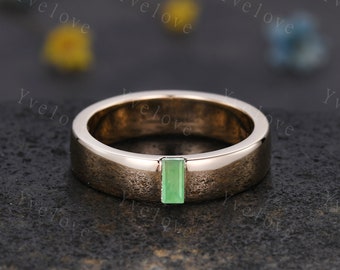 Mens Jade Wedding Band Baguette Cut Green Jade Band 5mm Solid Gold Ring Mens Solitaire Stacking Matching Band Retro Vintage Ring Gift