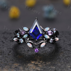 Vintage Kite Cut Sapphire Engagement Ring Set,Black Gold,Vines Amethyst Opal Ring,Women Bridal Set,Unique Twig Anniversary Promise Ring Gift