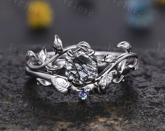 Hexagon Black Rutilate Quartz Ring,Vintage Twig Vine Leaf Ring,Unique Engagement Ring,Alexandrite Ring,Promise Anniversary Bridal Ring Gift