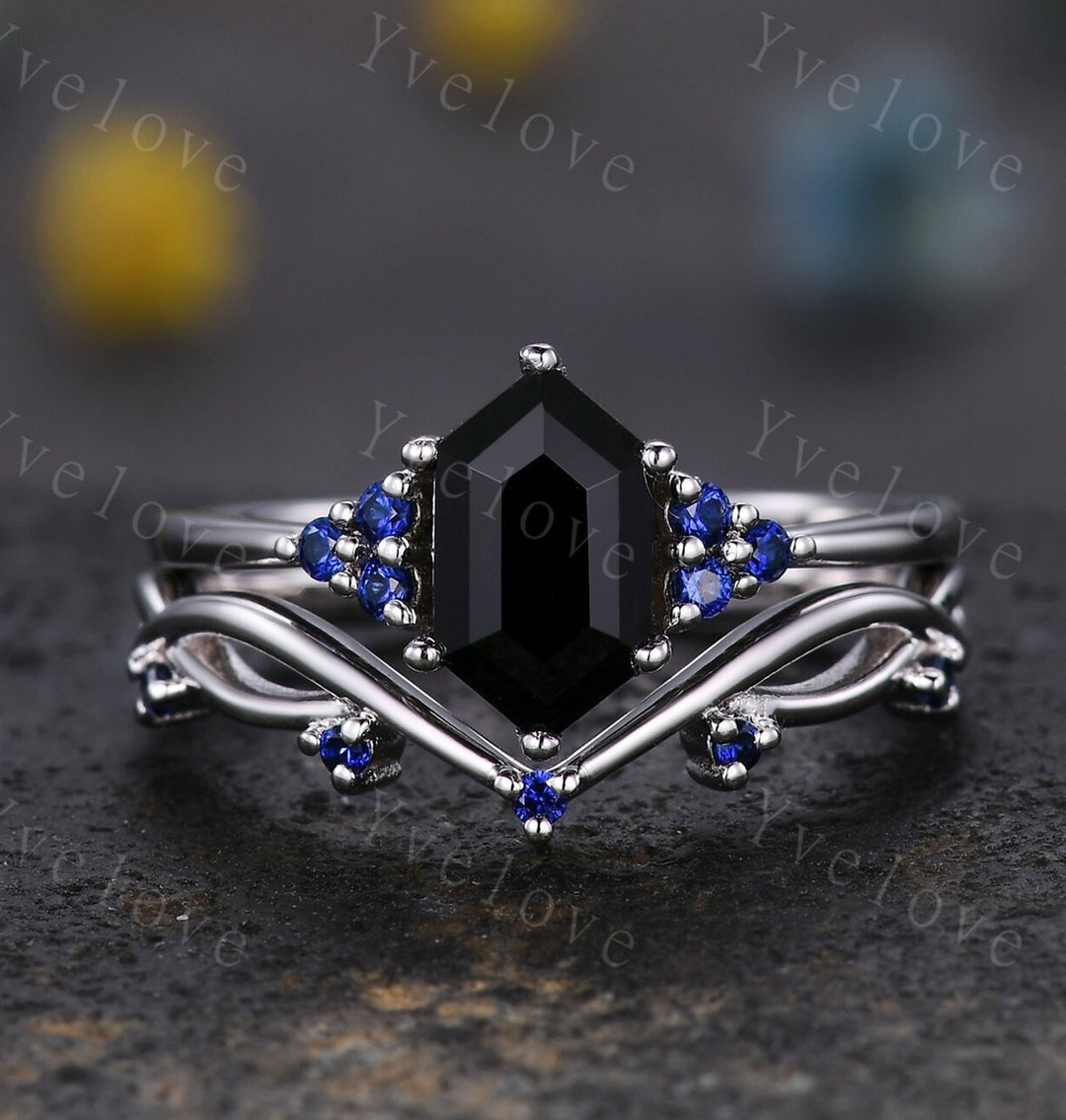 Blue Sapphire Onyx Dog Ark Ring