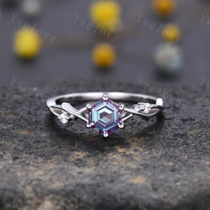 Unique Hexagon shape Alexandrite Engagement Ring,Vintage Branch Twig Diamond Ring,White Gold Ring,Vine Ring,Women Promise Bridal Ring,Custom
