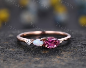 Unique Pink Tourmaline Opal Engagement Ring,Pear Cut Gems,Art Deco Moissanite Wedding Band,3 Stone Unique Women Bridal Promise Ring Gift