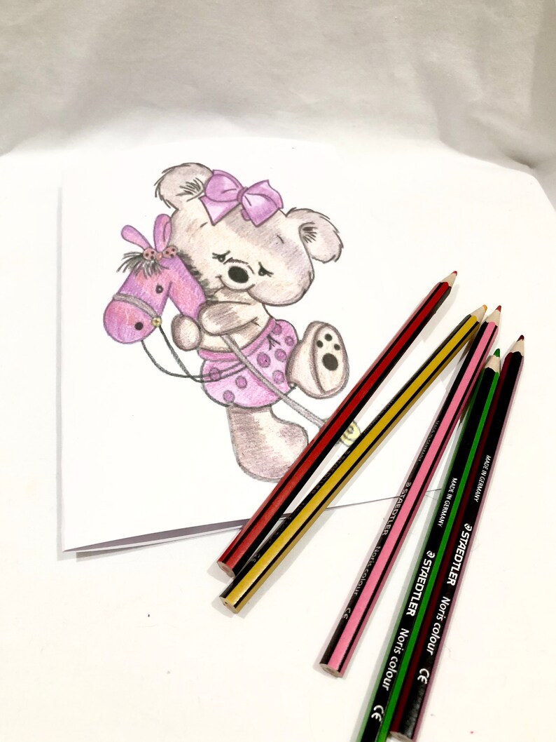 Happy Birthday Greeting Card Teddy Bear Hand Drawn Blank Etsy