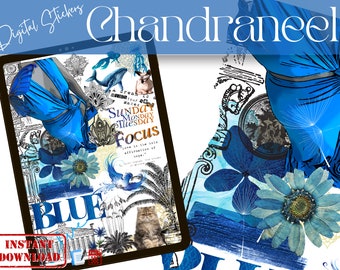 May include: A digital sticker set with a blue theme. The stickers feature a blue dress, a blue flower, a blue bird, a blue whale, and the words "Focus" and "Blue".