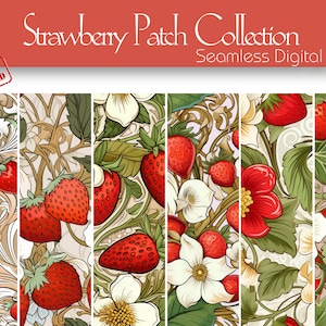 Op de afbeelding: Een digitaal papierpakket met zes naadloze patronen met vintage-illustraties van aardbeien, bloemen en bladeren in tinten rood, groen, wit en bruin.