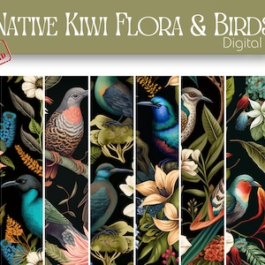 Uccelli kiwi nativi e flora Digital Paper Pack - Sfondi multicolori astratti per progetti creativi, scrapbooking, journaling attivo
