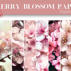 May include: Digital paper pack featuring six different patterns of pink and white cherry blossoms with gold accents. The patterns include a close-up of the blossoms, a pattern with water droplets, and a pattern with a blurred background.