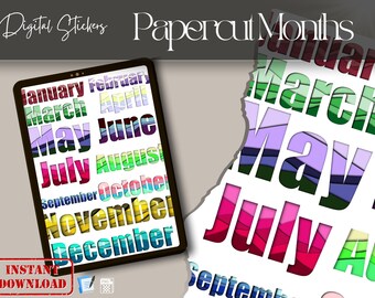 Papercut Lettered Months Digital Stickers - Birthday stones colours