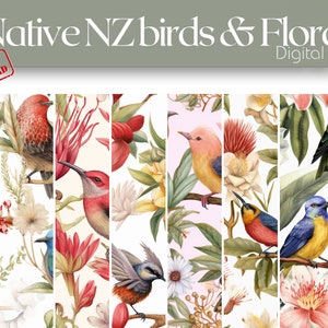 Carta digitale per uccelli e flora nativi della Nuova Zelanda - Sfondi multicolori astratti per progetti creativi, scrapbooking, inserimento nel diario attivo