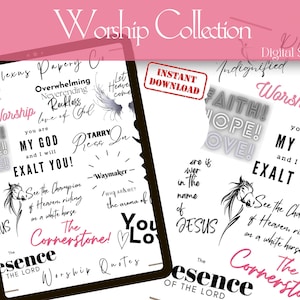 May include: A digital sticker collection with a white background and black text. The stickers feature religious phrases such as "Worship", "My God", "Exalt You", "Faith", "Hope", "Love", and "See the Champion of Heaven, riding on a white horse".