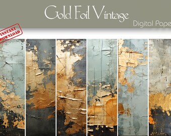 May include: Digital paper pack with six seamless patterns featuring a distressed, textured background with gold foil accents. The patterns are perfect for scrapbooking, card making, and other craft projects.