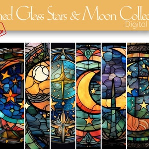 Stars & Moon &quot;Stained Glass&quot; Digital Paper for Creative Design, Scrapbooking, Apparel, Digital Journaling, Backgrounds, Vivid color designs