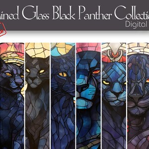 May include: A digital paper collection featuring six stained glass images of black panthers. The images are in a variety of colors, including blue, purple, and yellow. The images are all in a stained glass style, with intricate details and patterns.