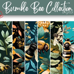 Native bee&#39;s in nature with flowers and foliage in bright, bold colors digital paper design