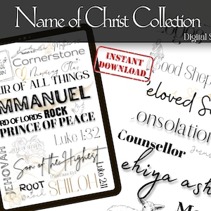 May include: Digital stickers featuring names of Christ, including "Immanuel", "Prince of Peace", "Son of the Highest", and "Shiloh". The stickers are in black and gold text on a white background.