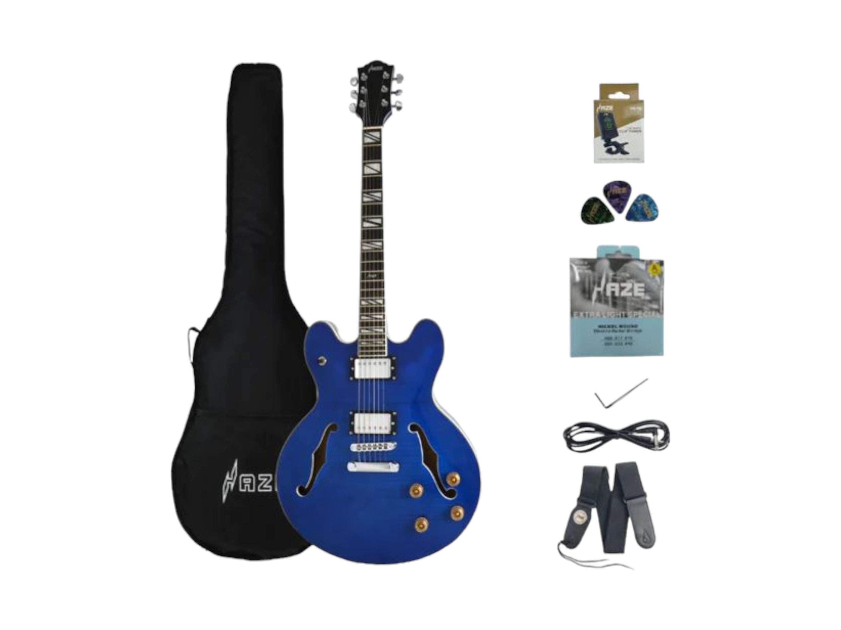 Haze Semi-hollow 335-style Flame Maple HES Electric Guitar Blue SEG272TBL 