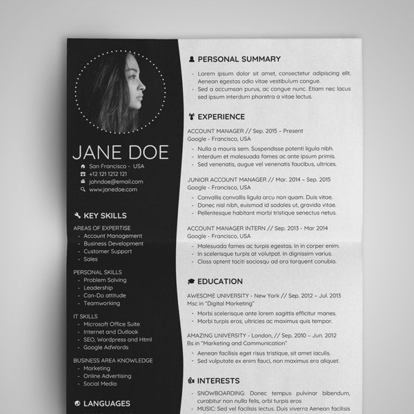 Minimal Resume Template Design + Cover Letter | Creative CV Template | Modern Format | MS Office Word / PowerPoint | PDF | Instant Download