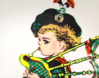 Vintage Cute and Kitsch Dish, Scottish Bagpipes and Kilt, by Brownie Downing, Australian Artist, for JH Weatherby, Fab Elf Backstamp c1960s