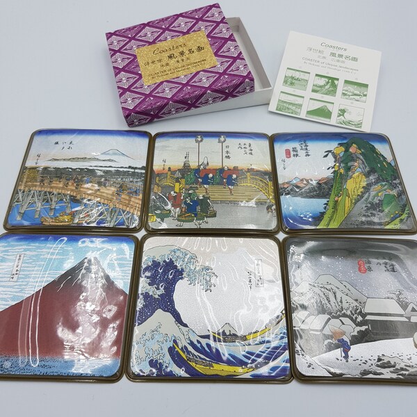 Vintage Japanese Coasters. Full Set in Box. Traditional Scenes Foil Effect c1980s