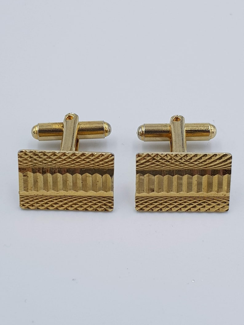Gold Tone Metal Vintage Gilt Cuff Links with Engine Turned Pattern c1970s Rectangular Cuff Links