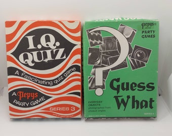 Vintage Party Games by Pepys Parlour Games, Vintage Packaging, Vintage Family Games, Vintage Games, Guess What, IQ Quiz Boxed Games c1950s