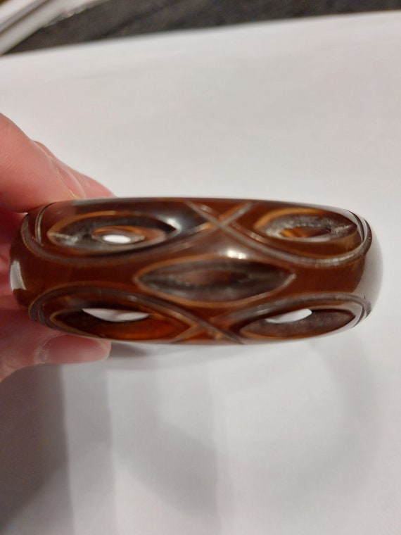 Vintage Plastic Bangle, Hand Carved Brown Bangle,… - image 2