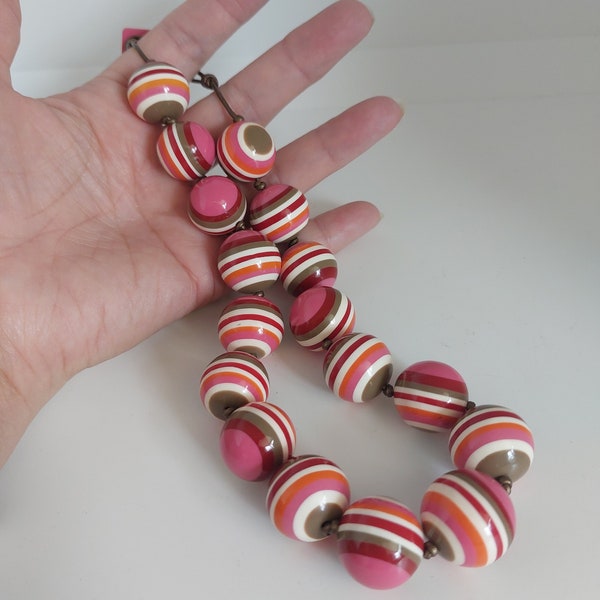 Fab Statement Necklace in Pink Tones with Round Chunky Striped Resin Beads With Knots In Between and Easy Thong Clasp